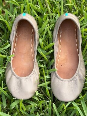 Tieks Leather Ballet Flats in Taupe with Teal Heel Tab